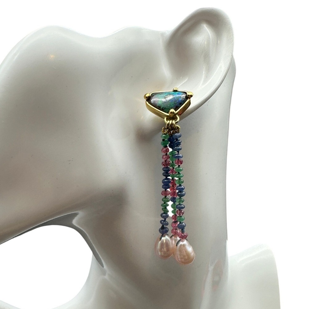 Neiman Marcus Boulder Opal Baroque Pearl Multistone Tassel Earrings 18k Gold